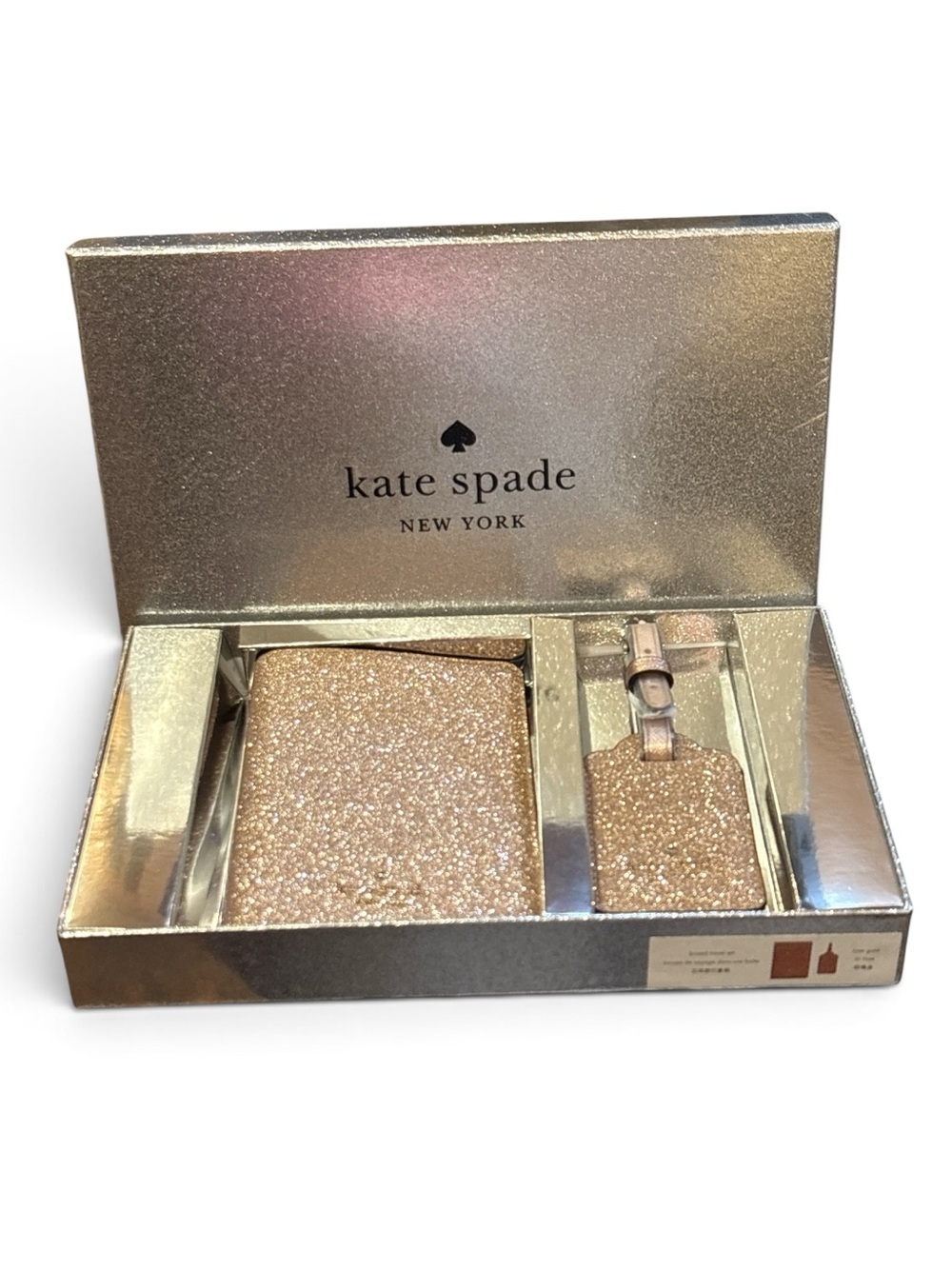 kate spade Rose Gold Glitter Passport Cover & Luggage Tag Set NWT